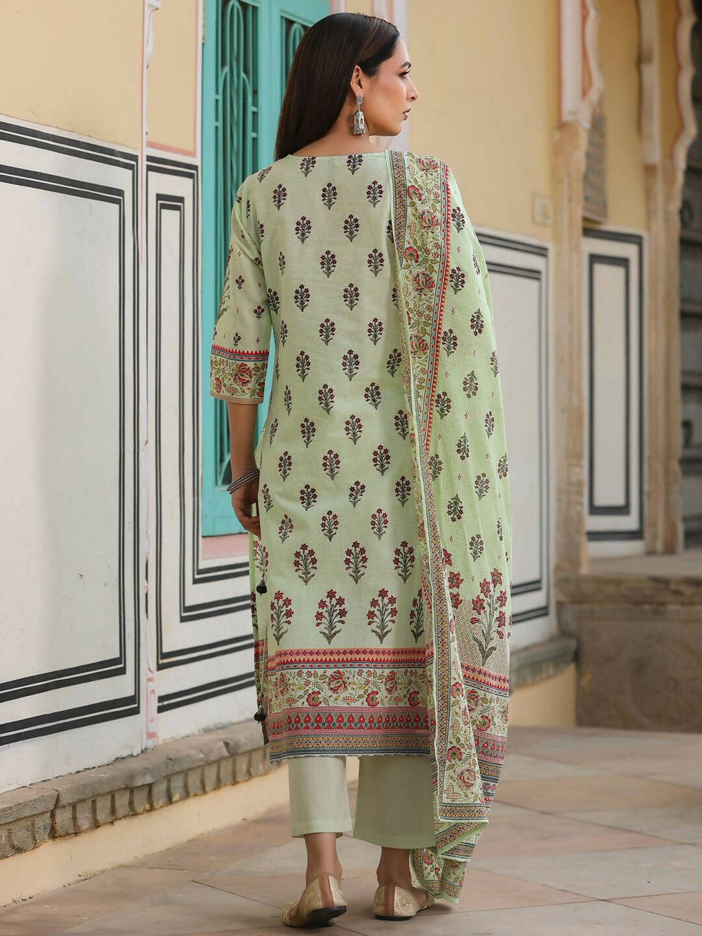 Juniper Women's Lime Green Cambric Floral Placement Printed Straight Fit Kurta Sets | Grocsy