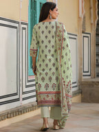 Juniper Women's Lime Green Cambric Floral Placement Printed Straight Fit Kurta Sets | Grocsy