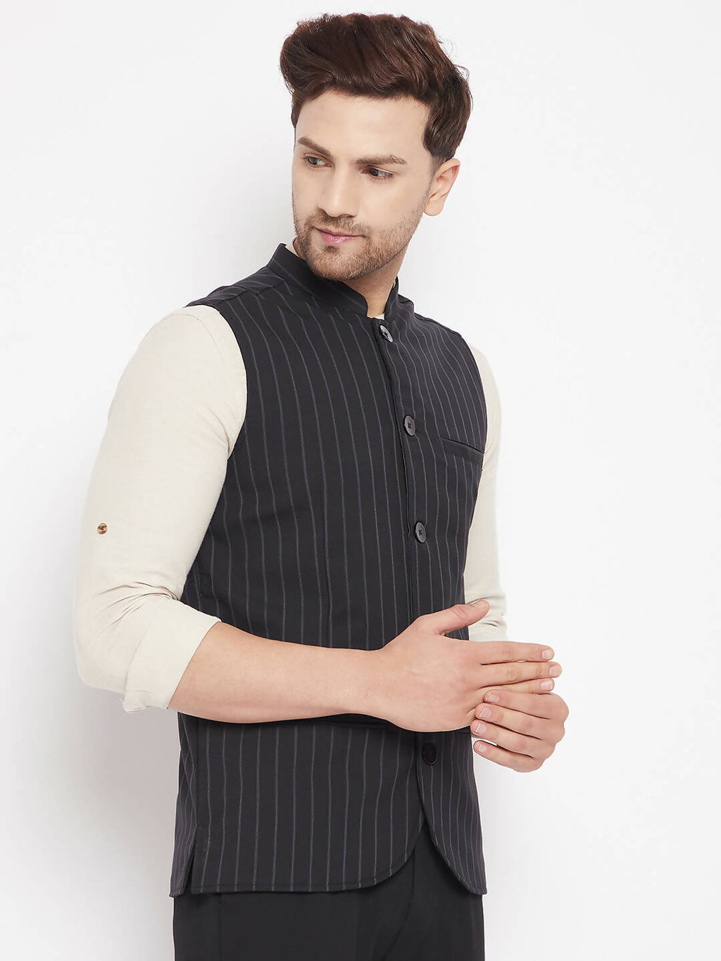 Even Apparels Black Merino Men Woven Nehru Jacket | Grocsy