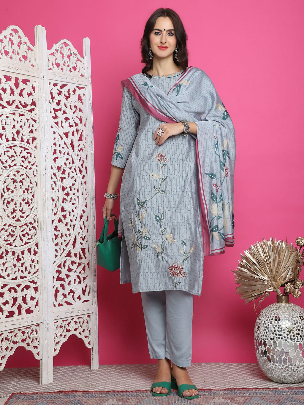 Jyoti Fashion Women's Grey Muslin Floral Print with Jari & Crystal work Kurta with Trouser & Dupatta | Grocsy