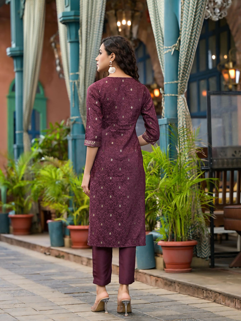 Juniper Women's Wine Ethnic Motif Printed Muslin Kurta Set With Zari Work & Gota Patti | Grocsy