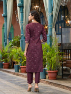 Juniper Women's Wine Ethnic Motif Printed Muslin Kurta Set With Zari Work & Gota Patti | Grocsy