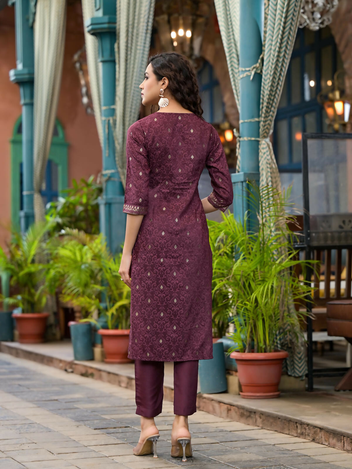 Juniper Women's Wine Ethnic Motif Printed Muslin Kurta Set With Zari Work & Gota Patti | Grocsy