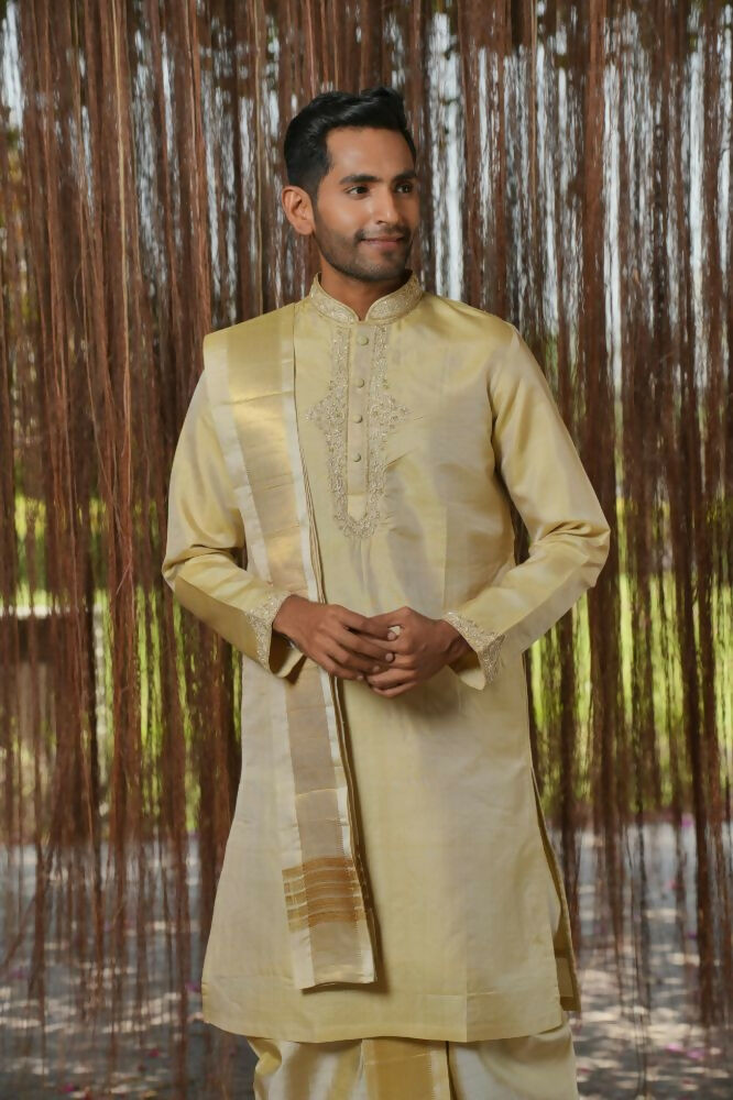 Olive Kanjivaram Machien Embroidered Pattu Set by Hilo Design | Grocsy