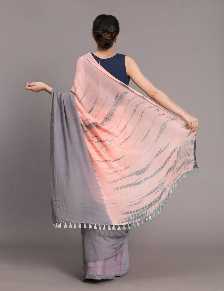 Suta Peach-Coloured Grey Tie Dye Pure Cotton Saree | Grocsy