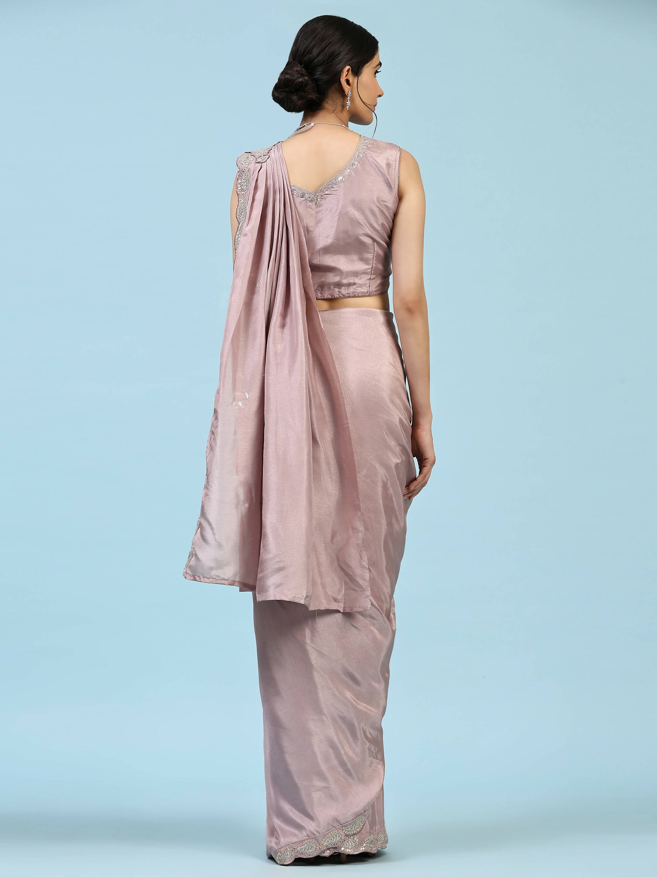 Lavendar Silk Satin Plain Ready to wear Saree with stitched Blouse - Vrinda | Grocsy