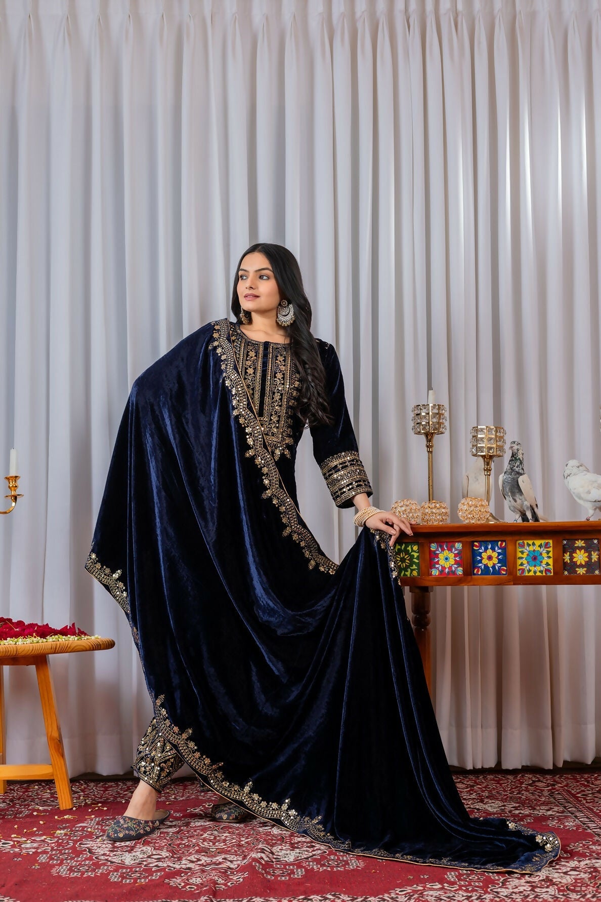 Joban Fashion Navy Blue Velvet Sequence Embroidery Work Kurta Set | Grocsy
