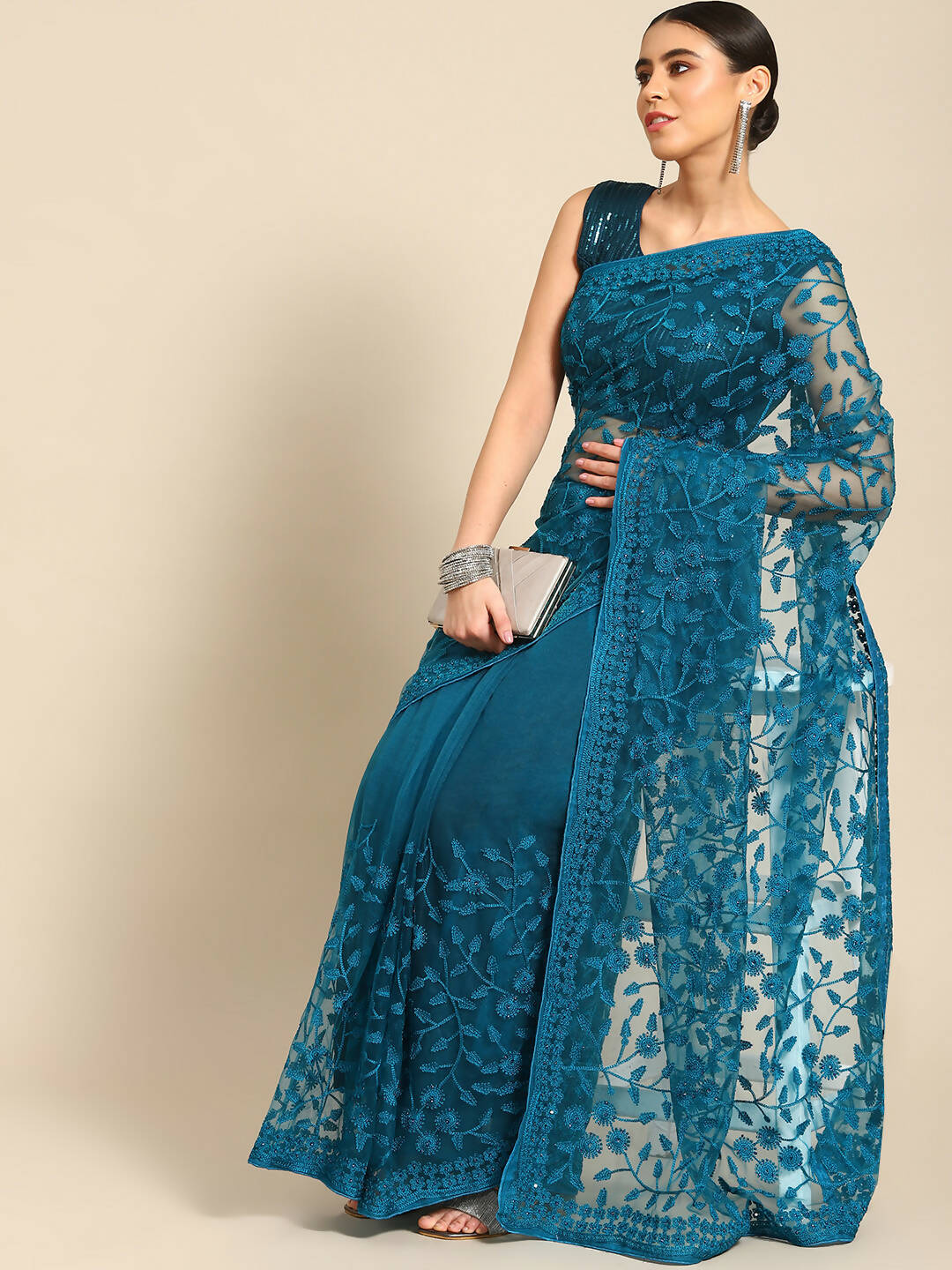 Blue Woven Design Net Saree with Blouse Piece - Kalamkari | Grocsy