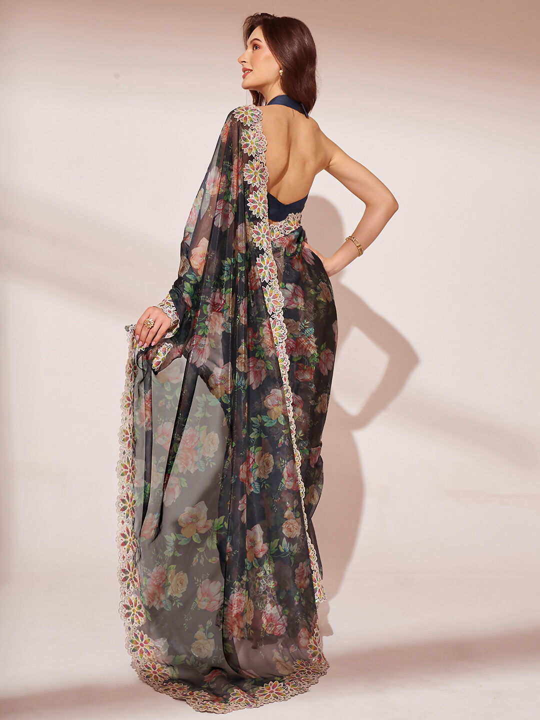 Black Jimmy Choo Designer Work Lace Border & Swarovski Work Saree - Orchid | Grocsy