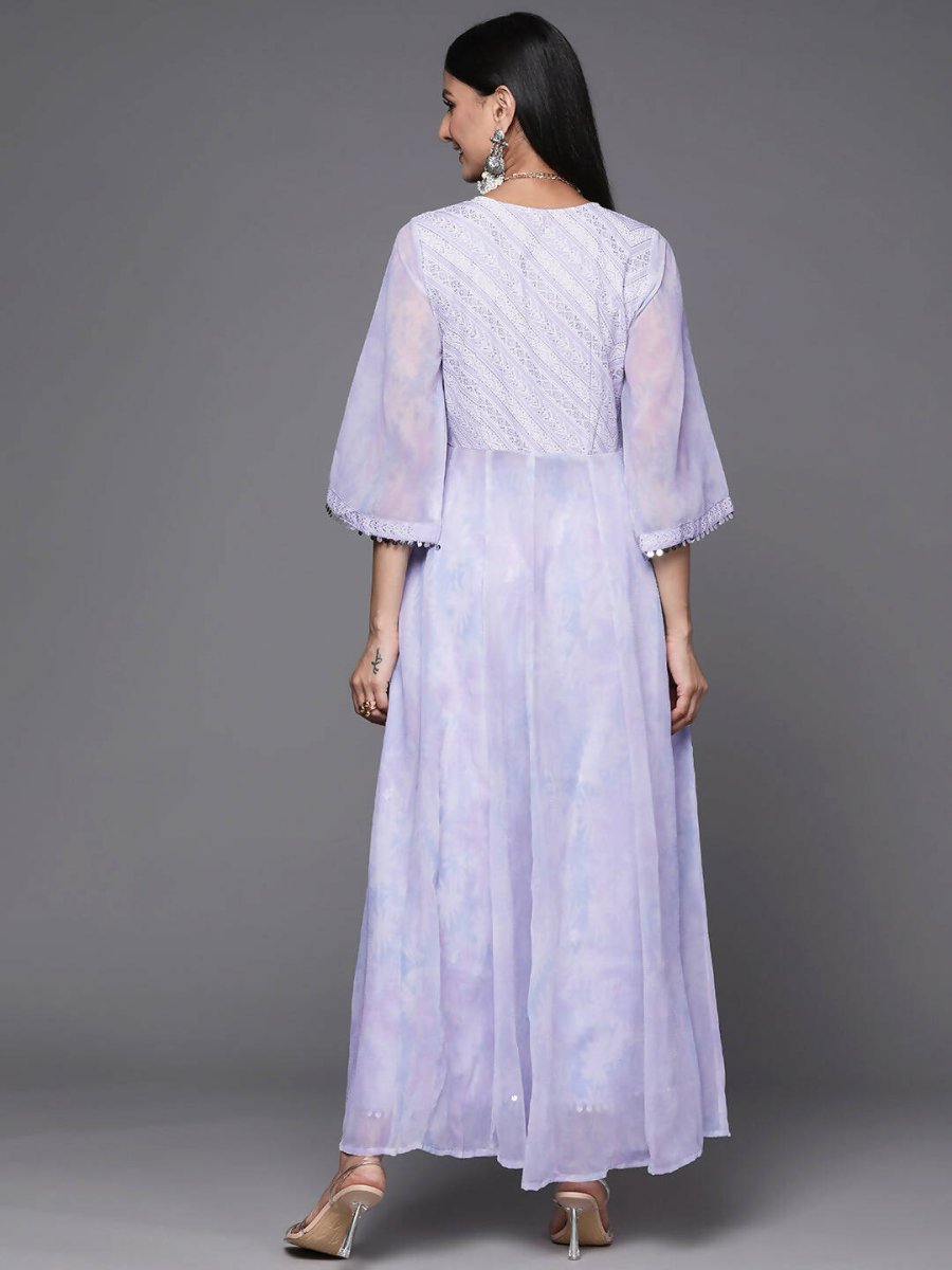Ahalyaa Lavender & White Floral Printed High Slit Sequined Kurta with Palazzos | Grocsy