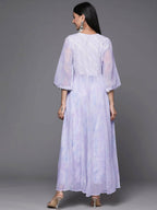 Ahalyaa Lavender & White Floral Printed High Slit Sequined Kurta with Palazzos | Grocsy