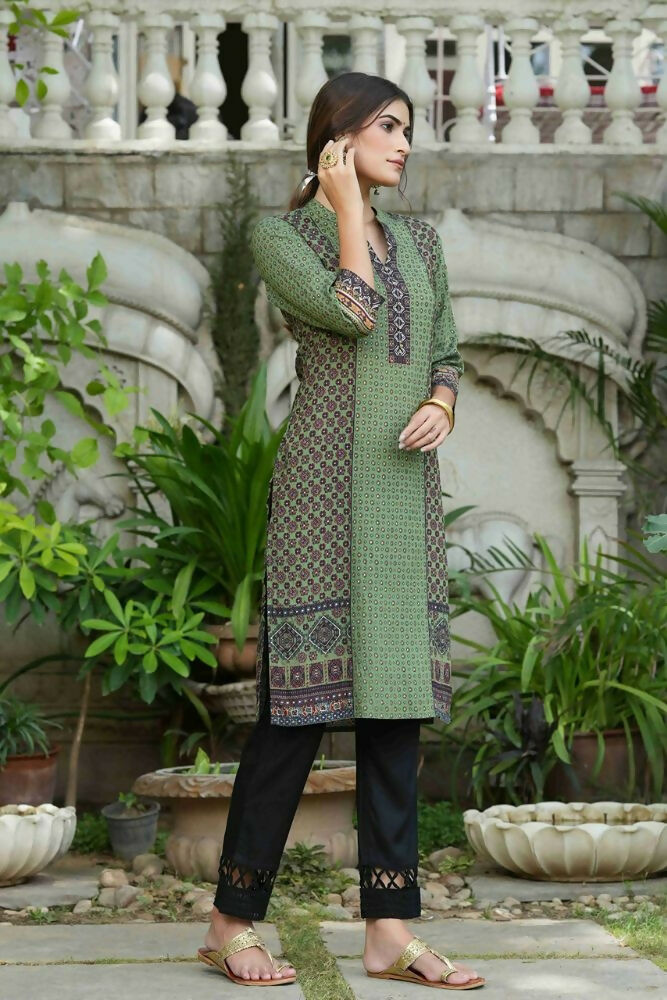 Juniper Green Ethnic Motif Printed Rayon calf length Kurta with Beads & Gota Work | Grocsy