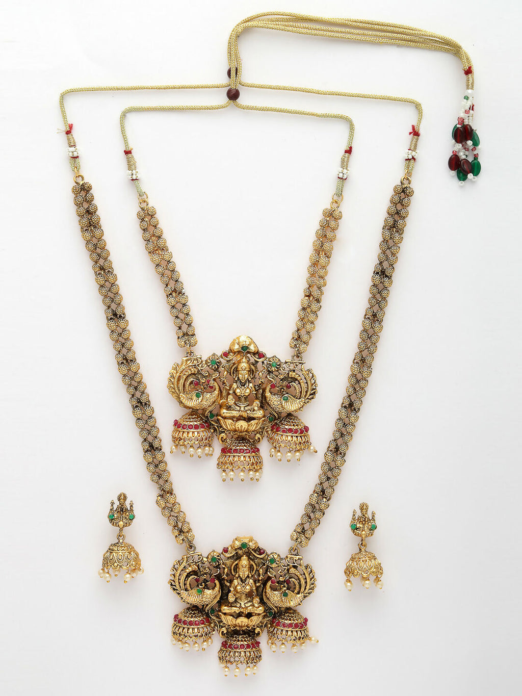 NVR Women's Set of 2 Gold-Polished Stone Studded Lakshmi Design Temple Jewellery Set | Grocsy