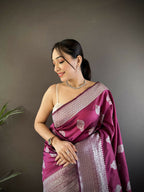 Joban Fashion Magenta Floral Motifs Soft Silk Banarasi Saree | Grocsy