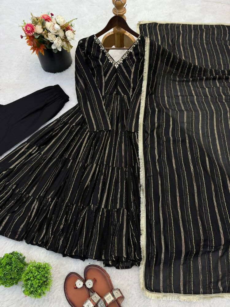 Teeya Creation Black Color Mal Chanderi Silk Hand Embroidery Work Long Gown | Grocsy