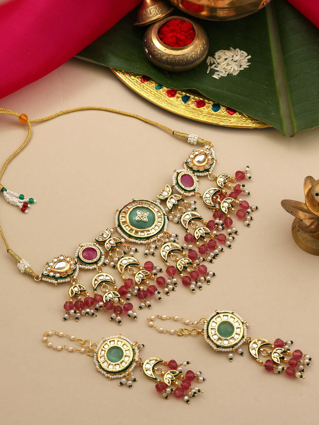 Ruby Raang Kundan Emerald Bloom Necklace With Matching Earrings | Grocsy