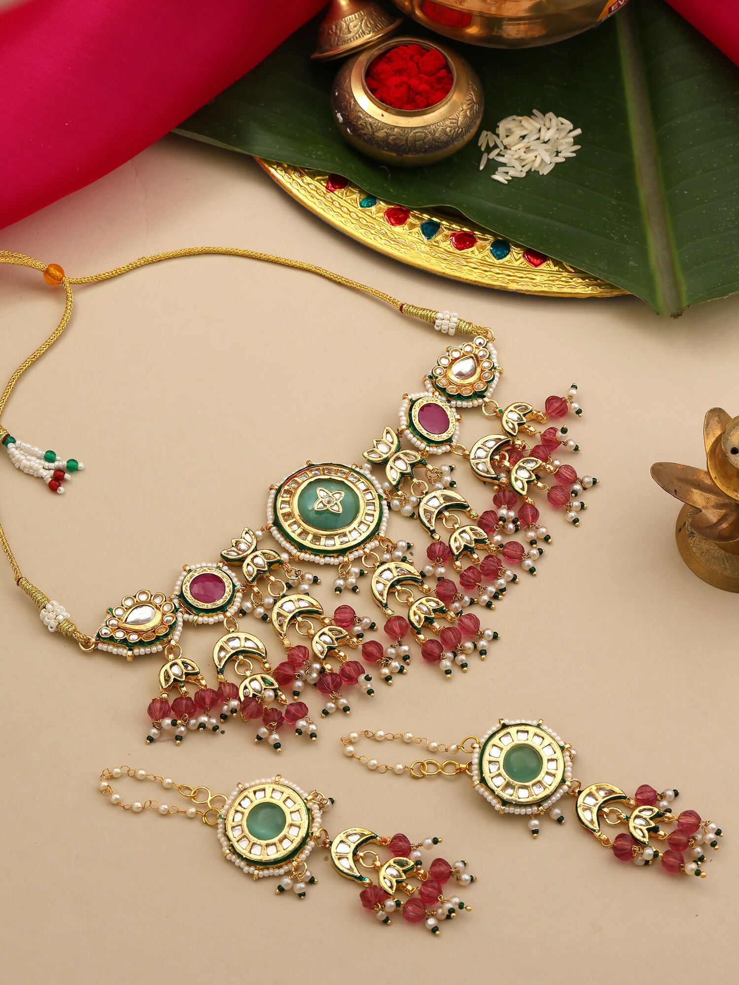Ruby Raang Kundan Emerald Bloom Necklace With Matching Earrings | Grocsy