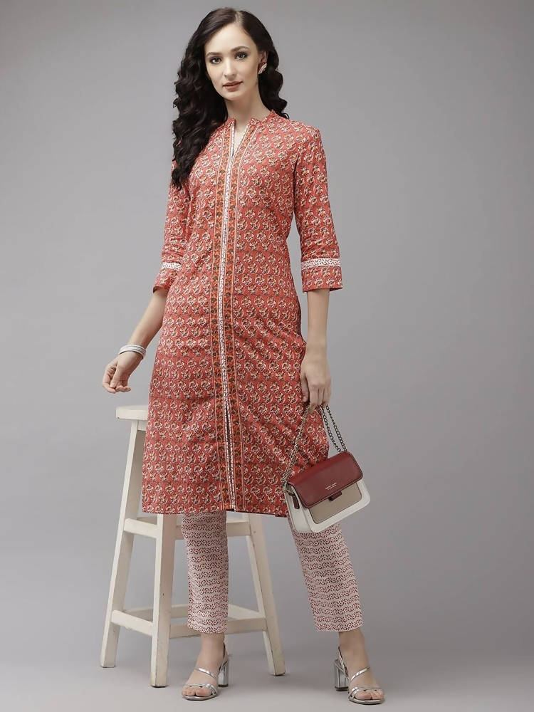 Yufta Peach and Off White Kurta Trouser Set | Grocsy