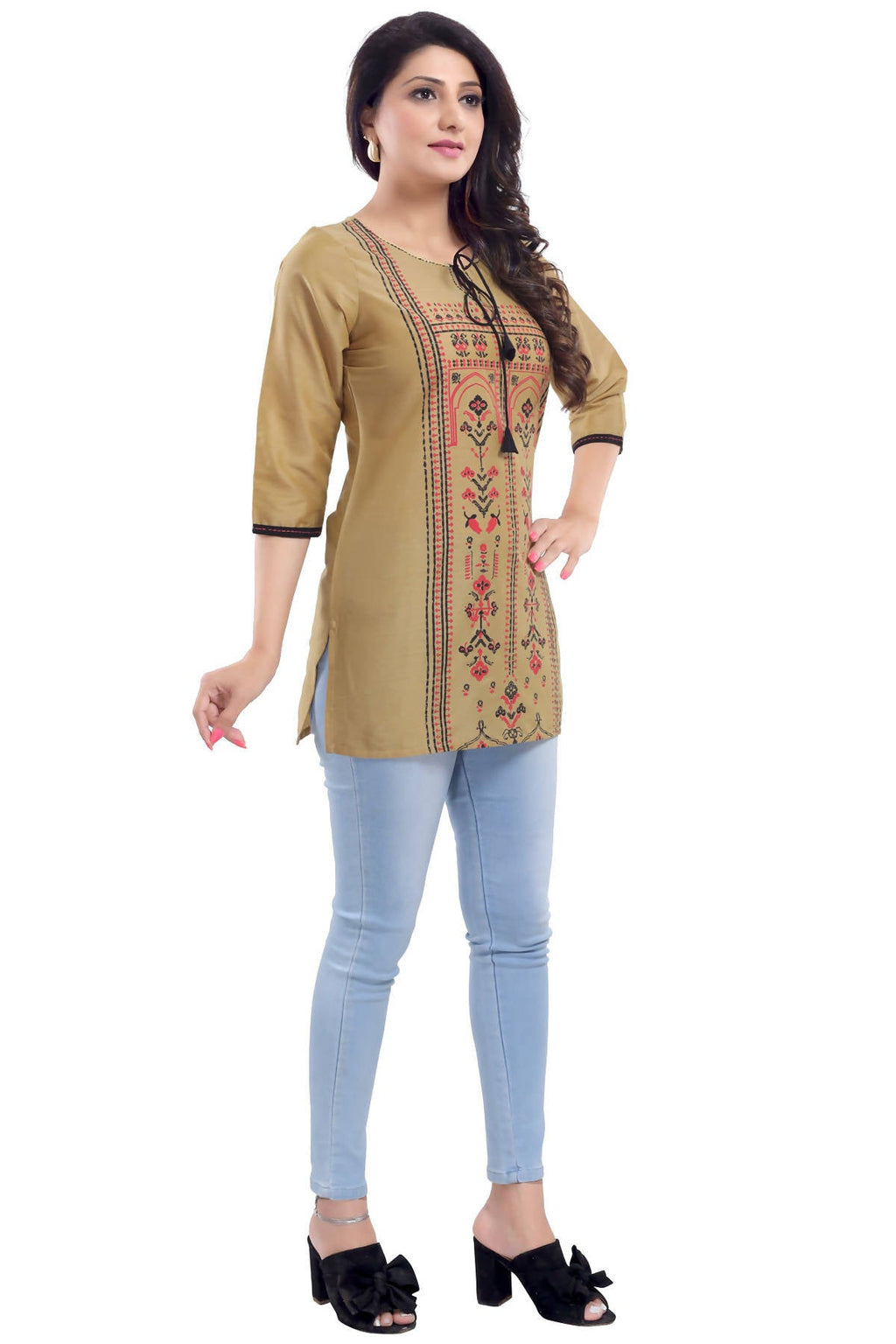 Snehal Creations Luxurious Fine Gold Cotton Silk Short Tunic Top | Grocsy