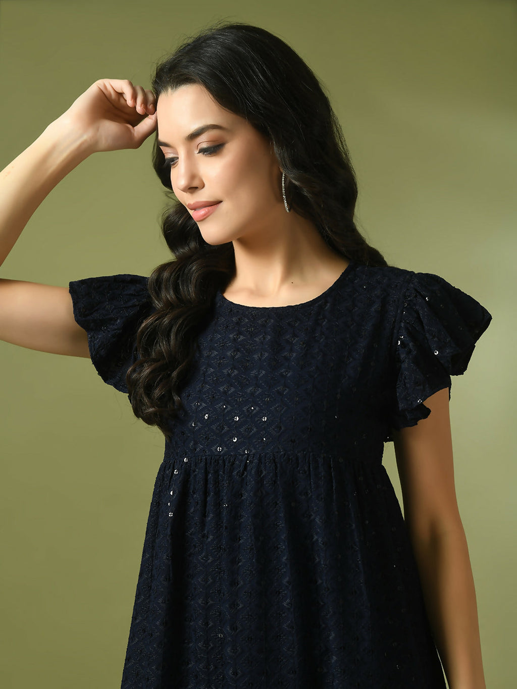 Myshka Women's Navy Blue Embroidered Cotton Round Neck A-Line Party Dress | Grocsy