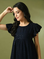 Myshka Women's Navy Blue Embroidered Cotton Round Neck A-Line Party Dress | Grocsy