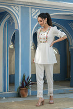 Juniper Women's White Cotton Crepe Floral Embroidered Tunic | Grocsy