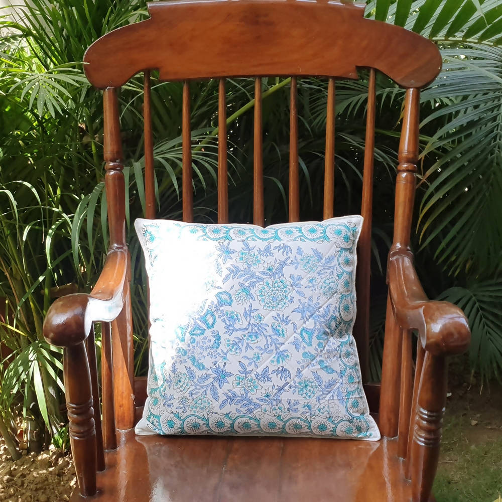 The Decor Nook Peony Floral Print Cushion Cover in Soothing Blue And Green Colour | Grocsy