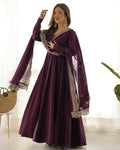 Teeya Creation Wine Color Pure Roman Silk Chanderi Party Wear Fully Stitched Gown | Grocsy