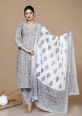 Miravan Women's Plus Size Blue Floral Printed Gota Patti Cotton Kurta With Palazzo | Grocsy