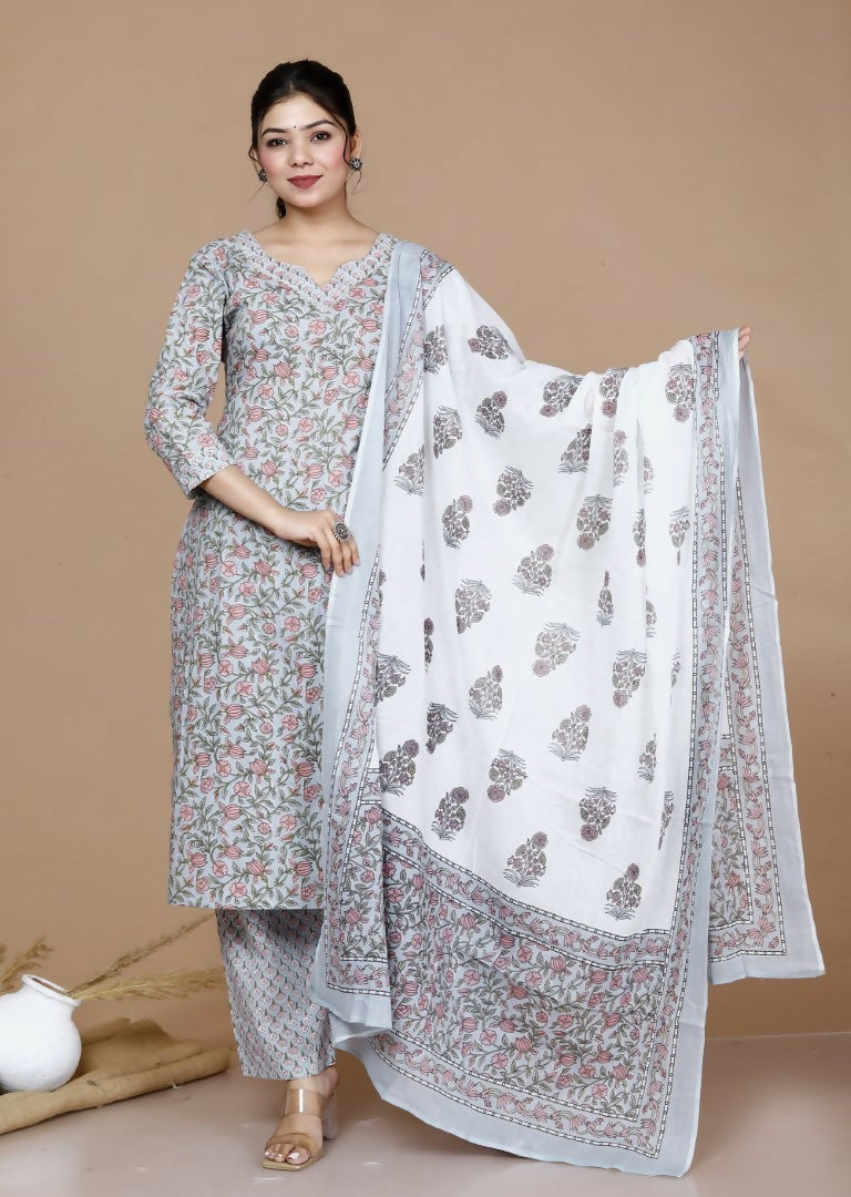 Miravan Women's Plus Size Blue Floral Printed Gota Patti Cotton Kurta With Palazzo | Grocsy