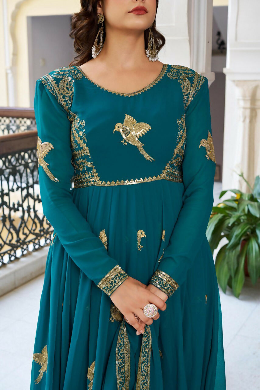 The52 Women's Gorgeous Faux Georgette Fabric Embroidery Work Flared Anarkali Pant and Dupatta Set | Grocsy