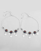 VOJ Set of 2 Silver Plated Peacock Printed HandCrafted Anklet | Grocsy