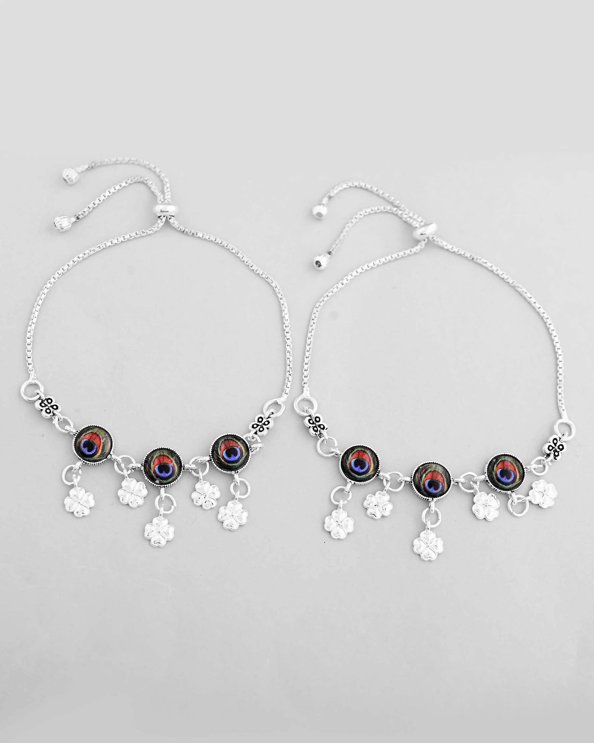 VOJ Set of 2 Silver Plated Peacock Printed HandCrafted Anklet | Grocsy