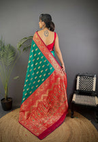 Joban Fashion Banarasi Rama Green Woven Butti Soft Silk Saree | Grocsy