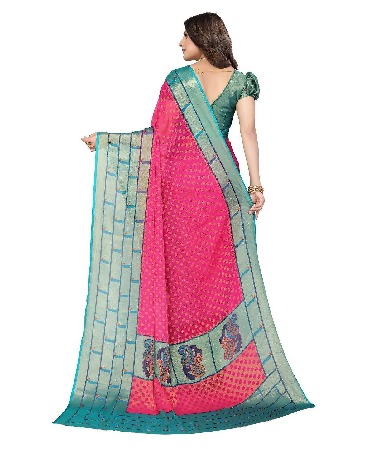 Vamika Pink Chiffon Brasso Bollywood Style Woven Saree (DIMPLE PINK) | Grocsy