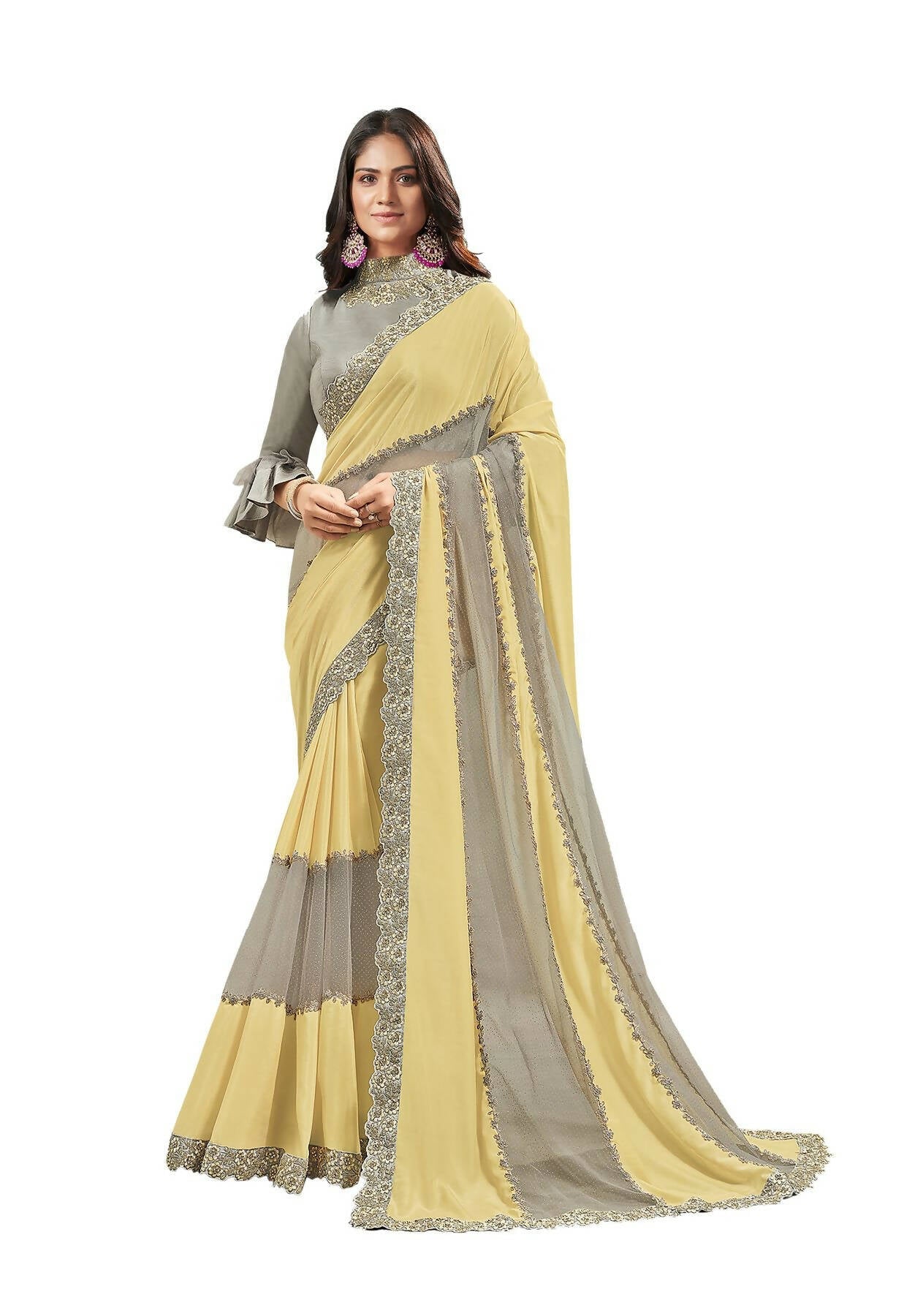 Yellow & Grey Silk Glitter Georgette Texture Saree With Unstitched Blouse Piece - Norita Ikshita | Grocsy
