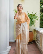 Exclusive Collection Beautiful Pino White Gold Tissue Silk Hand Weaving Handloom Saree With Running Blouse Piece | Grocsy