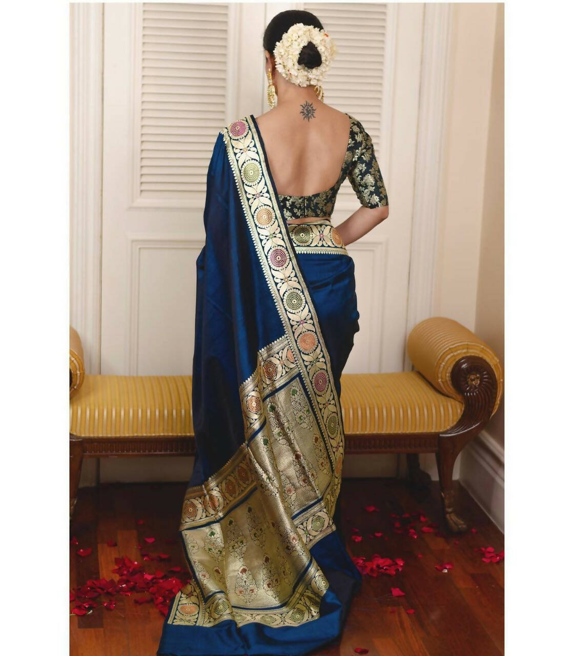 DEIANA'S Beautiful Designer Golden zari Soft Lichi Silk Saree - Blue | Grocsy