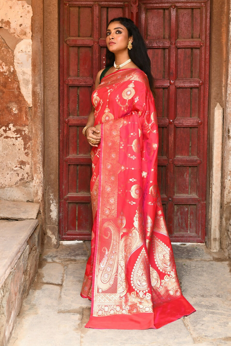 Joban Fashion Red Soft Pure Handloom Banarasi Silk Saree | Grocsy