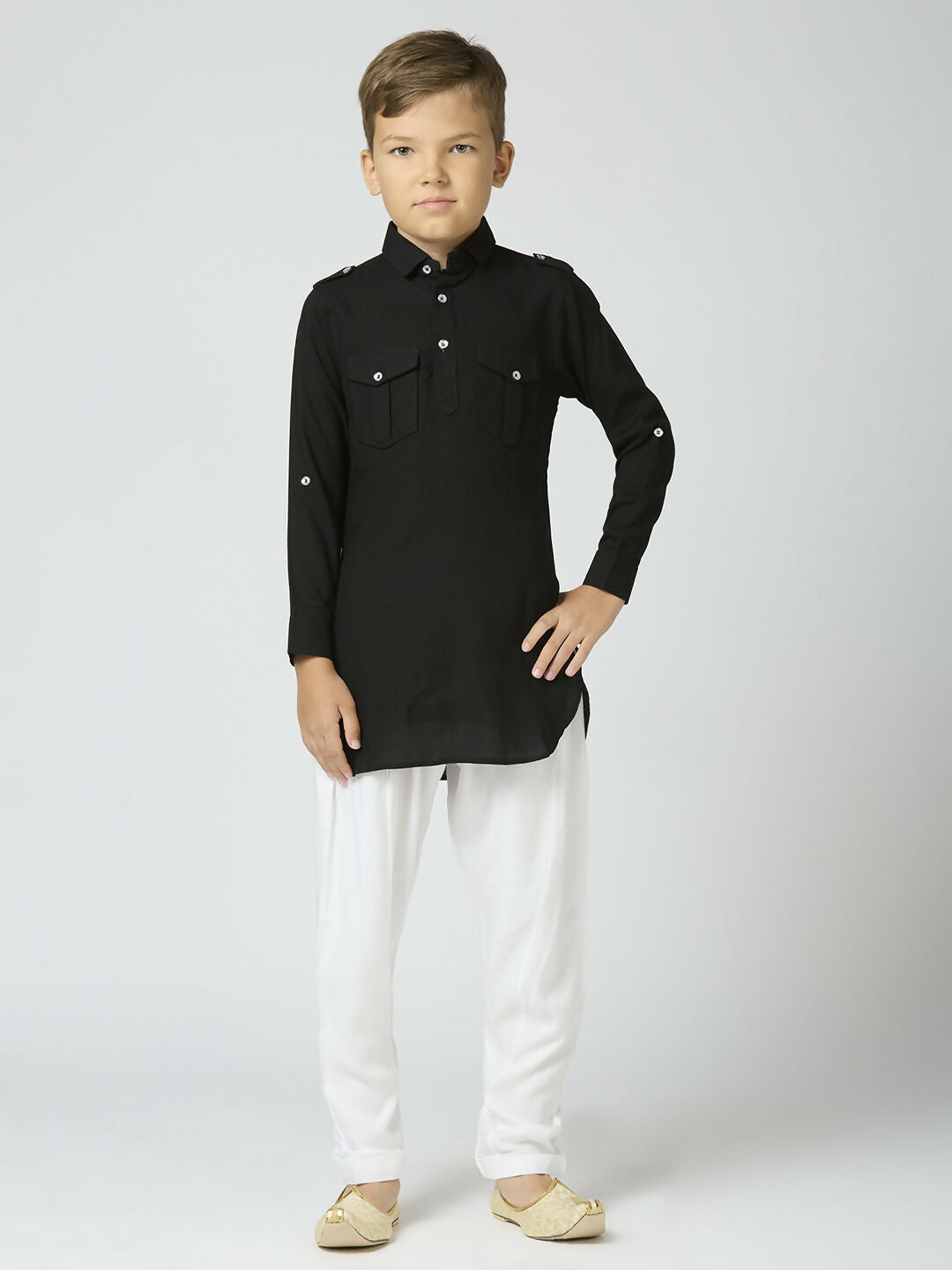 Joban Fashion Kids Island Full Sleeves Cotton Pathani Kurta and Pyjama Set - Black | Grocsy