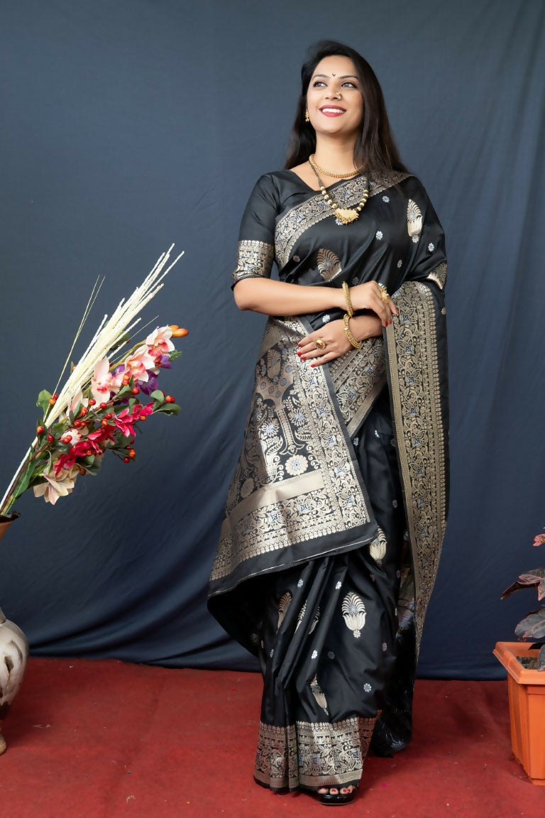 Jyoti Fashion Women's Black Paithani Silk Zari Woven Saree with Blouse | Grocsy