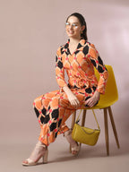 Myshka Women's Multi Printed Polo Collar Party Top With Trousers Co-ord set | Grocsy