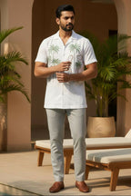 Tansira — White Palm Embroidered Linen Shirt by Hilo Design | Grocsy