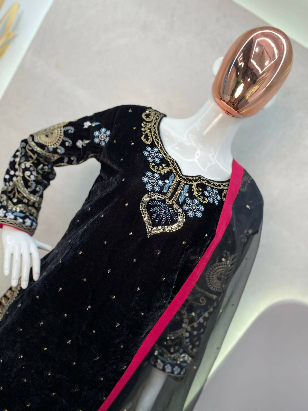 Vastranavya Black Viscose Velvet Cording Sequence Embroidery Work Suit With Dupatta | Grocsy