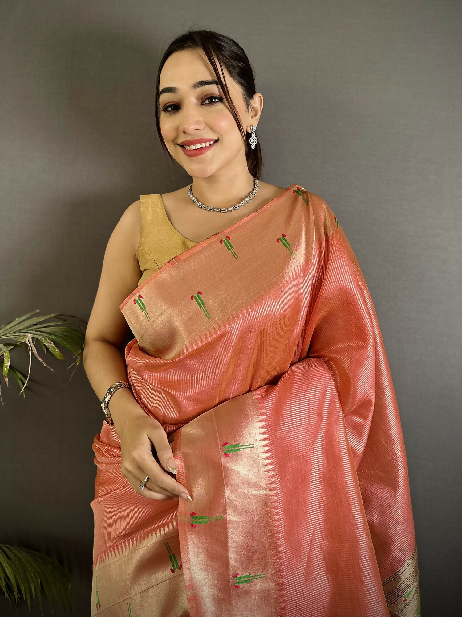 Joban Fashion Light Orange Peacock & Floral Motifs Tissue Paithani Saree | Grocsy