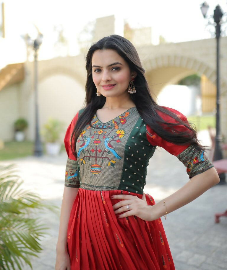 Jyoti Fashion Women's Red Patola with Foil Print Dola Silk Anarkali Dress | Grocsy