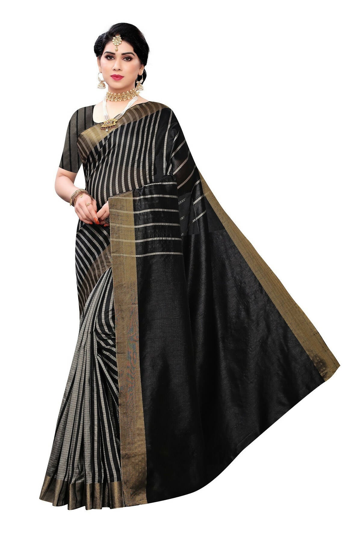 Vamika Black and White Lines Cotton Silk Weaving Saree (Paithani Black) | Grocsy