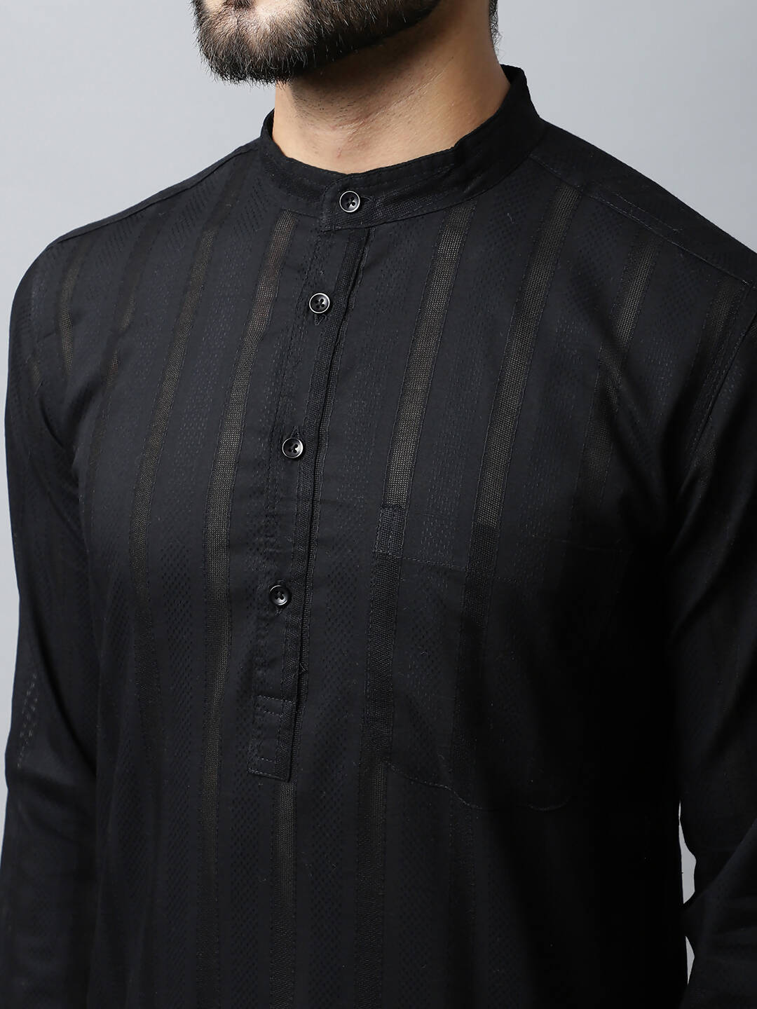 Even Apparels Black Color Pure Cotton Men's Kurta With Band Collar (STR1188) | Grocsy