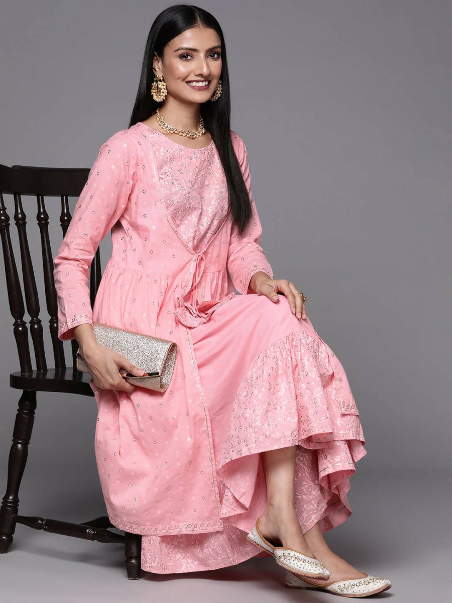Ahalyaa Pink & Gold Ethnic Printed Layered Front Slit Cotton Anarkali Kurta Palazzos | Grocsy