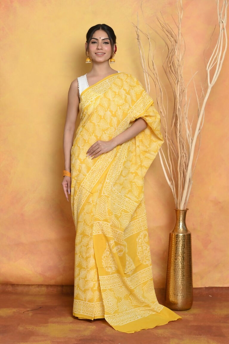 Very Much Indian Handblock Printed Cotton Saree With Natural Dyes - Yellow | Grocsy